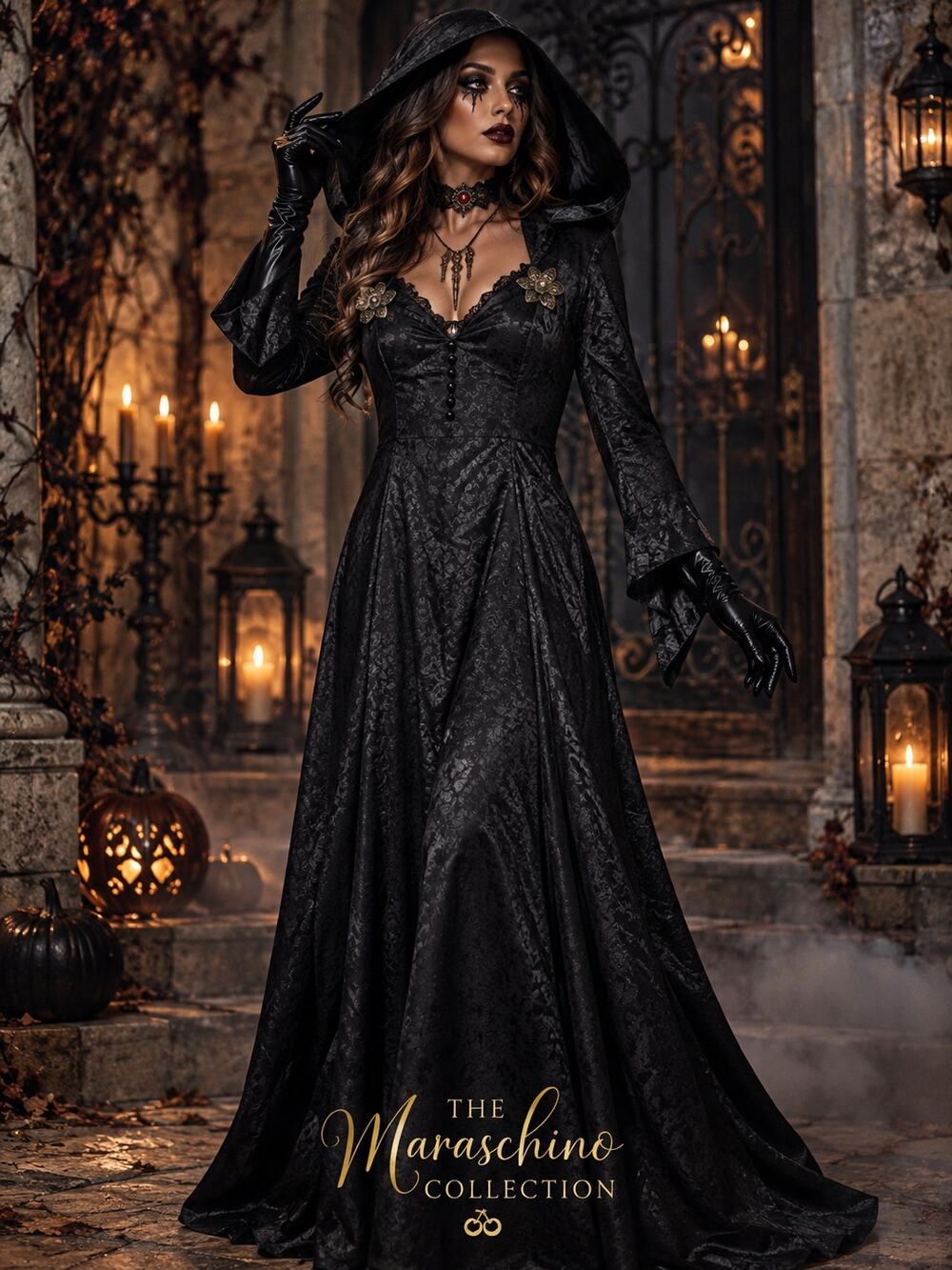 Gothic Witch Vampire Sorceress Costume Hooded Black Medieval Halloween Plus Size